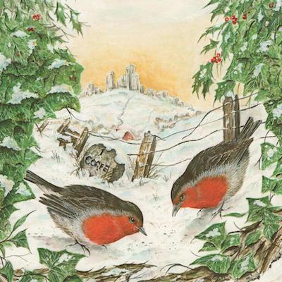 painting of Two Robins at Corfe Castle by Roy Aplin